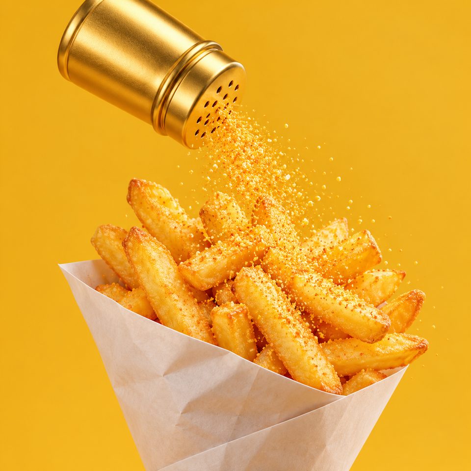 Illustration: a shaker of chicken salt sprinkling seasoning over a cone of chips