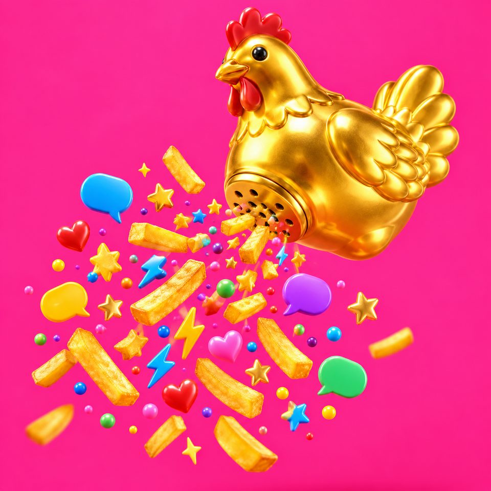 Illustration: a golden chicken-shaped shaker spraying chips, hearts and speech bubbles